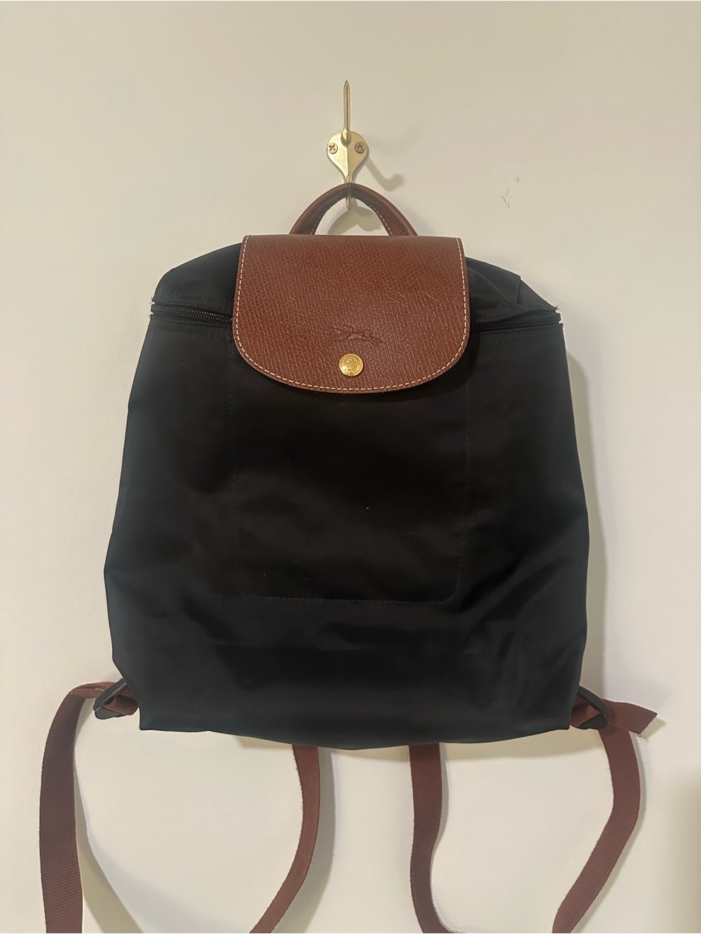 Longchamp Black Nylon Backpack with Brown Leather Flap